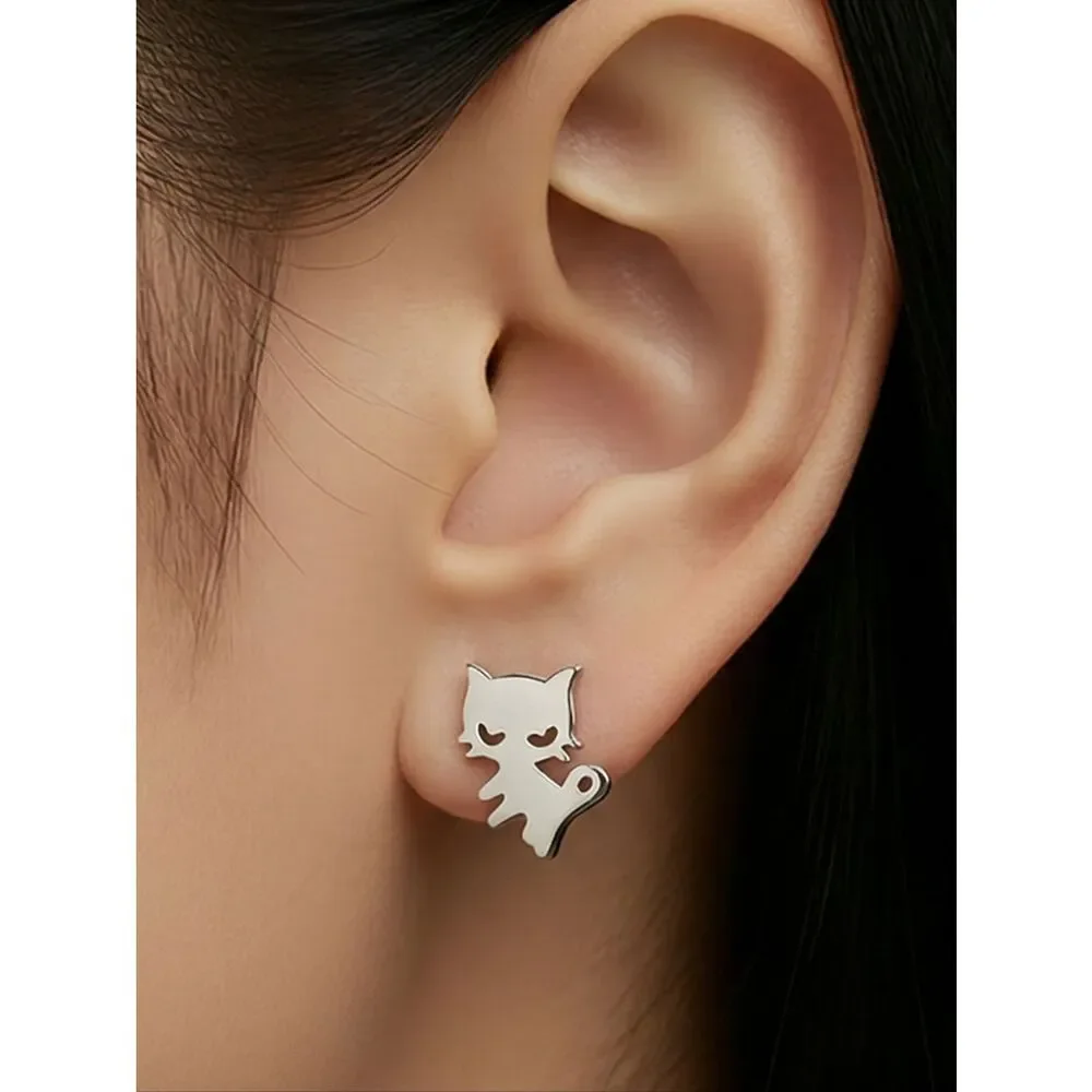 Cat Silhouette Stud Earrings Dainty Silver Stainless Steel Minimalist Pet Lover